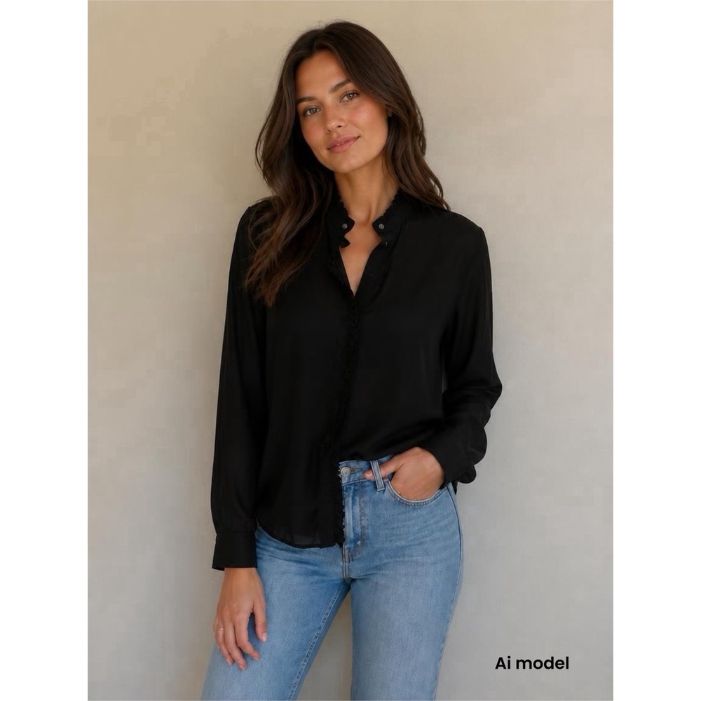 Banana Republic Black Silk Blouse Size M Ruffle Detail